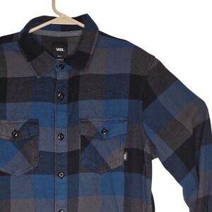 Vans Flannel Shirt Mens Small Blue Grey Black Plaid Tailored Fit Workshirt Skate